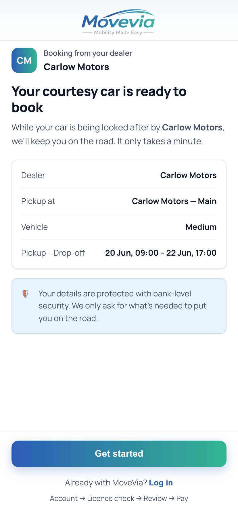 The MoveVia booking screen a customer opens from the link: the dealership name, pickup location, vehicle, pickup and drop-off dates, and a Get started button.