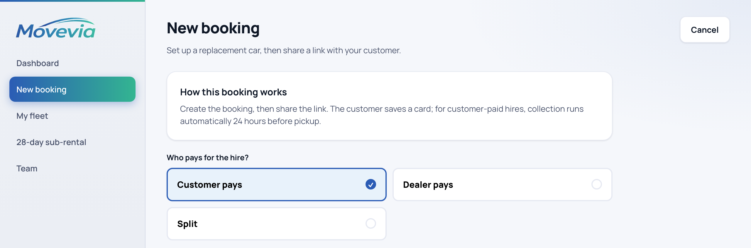 The MoveVia dealer portal New booking screen, with the Who pays for the hire choice: Customer pays, Dealer pays or Split.